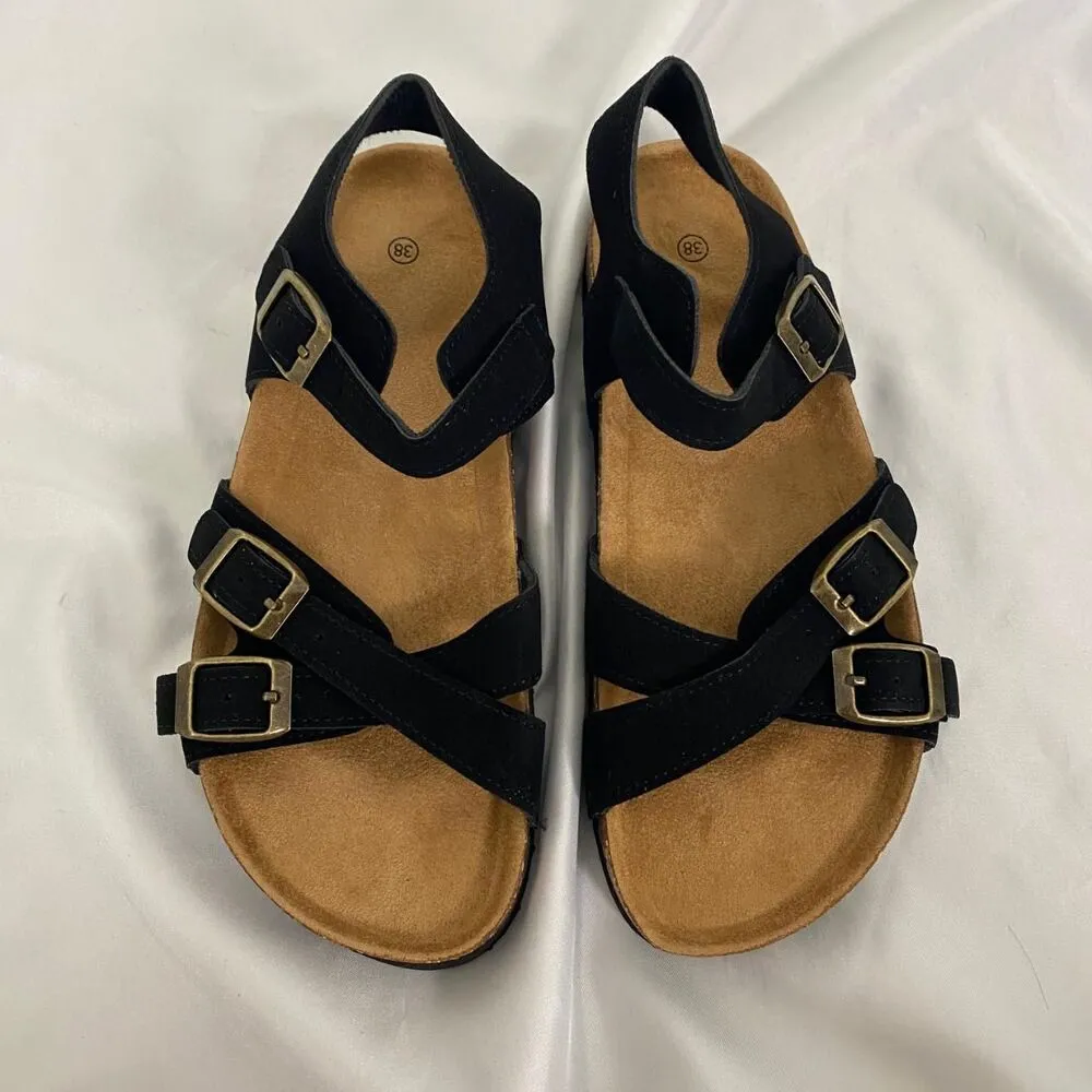 Boho Black Faux Suede Criss Cross Ankle Strap Buckle Sandals EU 38 / US 7.5 - Image 4