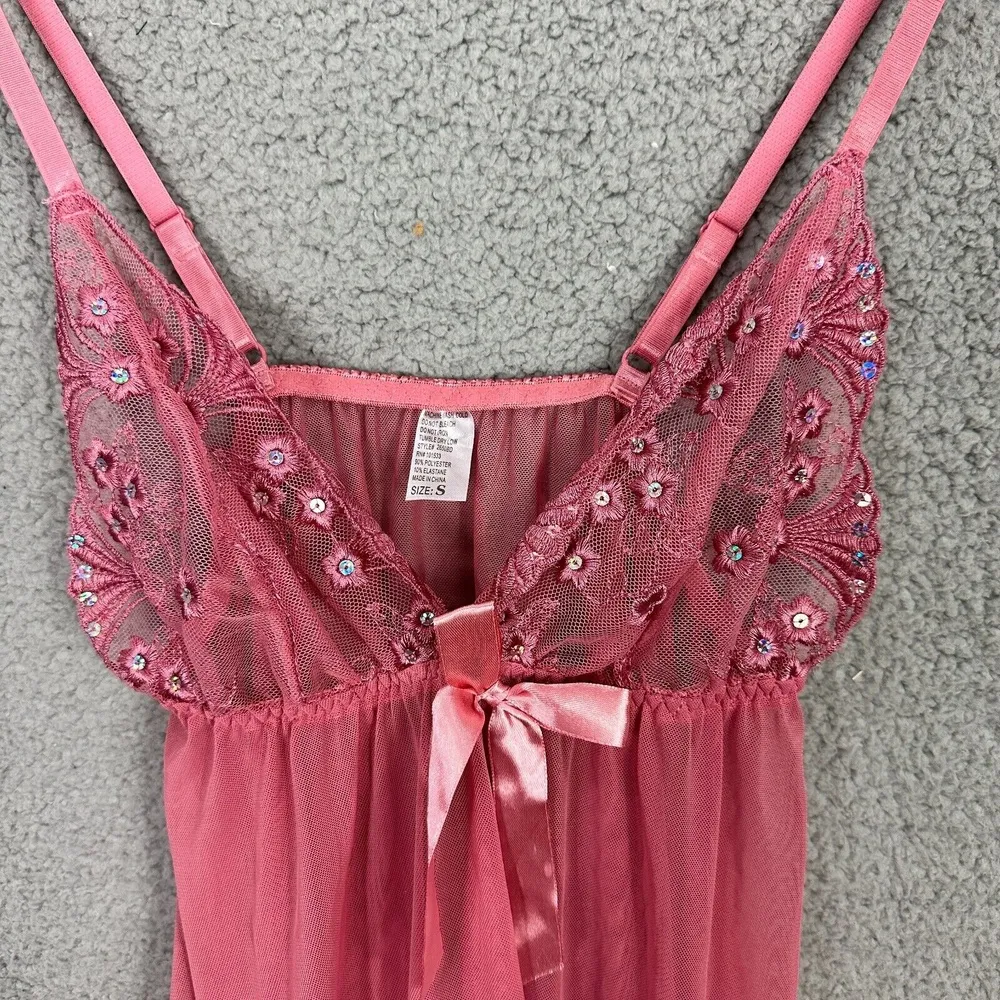 Babydoll Lingerie Small Pink Sheer Sequin Lace Y2K Coquette‎ Fairy Festival - Image 2