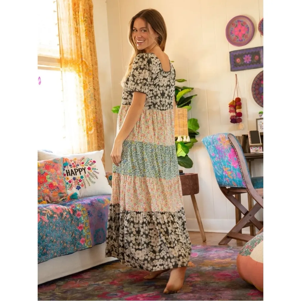 Natural Life Bohemian Patchwork Floral Lucia Tiered Maxi Dress Small Prairie - Image 13