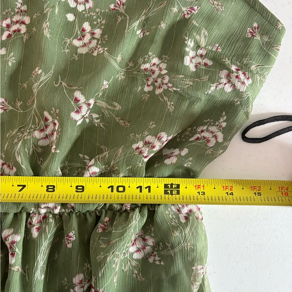 New Lush Floral Print Metallic High Neck Tiered Dress Sleeveless Midi Sage M - Image 11