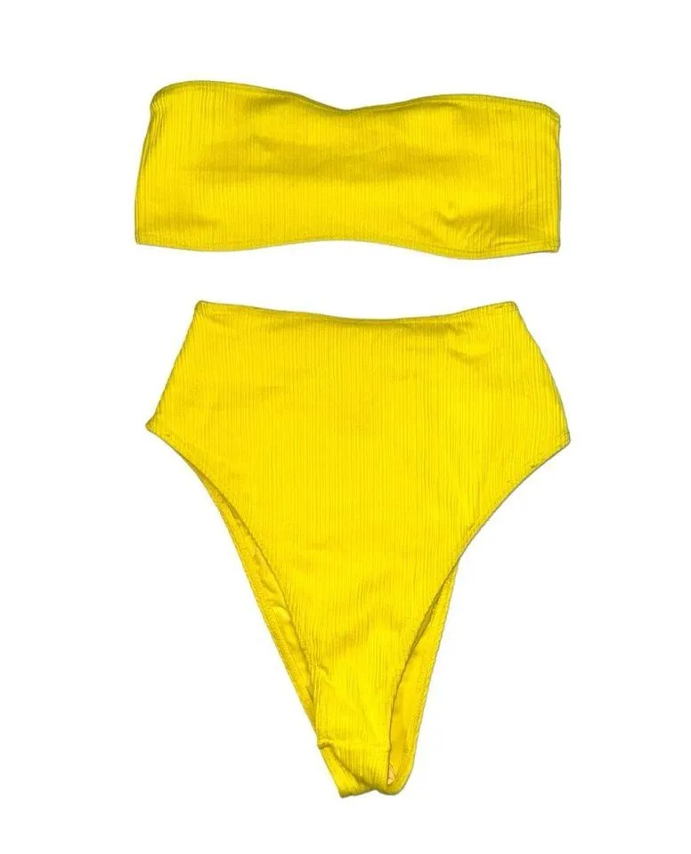NWT Frankies Bikinis Jean Bandea and Anne Plisse Bottom Yellow Bikini Set XS - Image 3