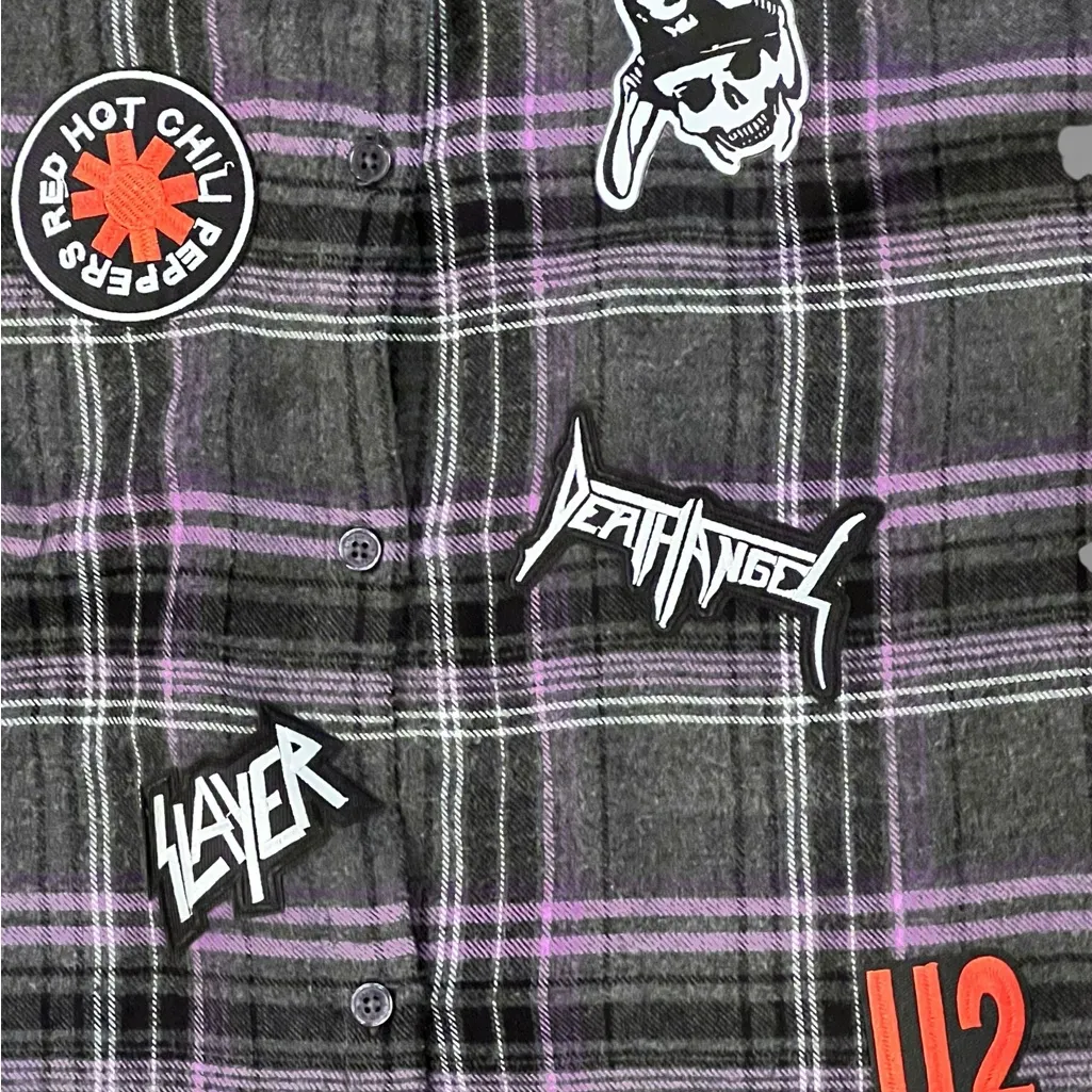 Plaid Flannel Grunge Rock Punk Dress Baggy Purple Black Large All Over Patches - Image 5