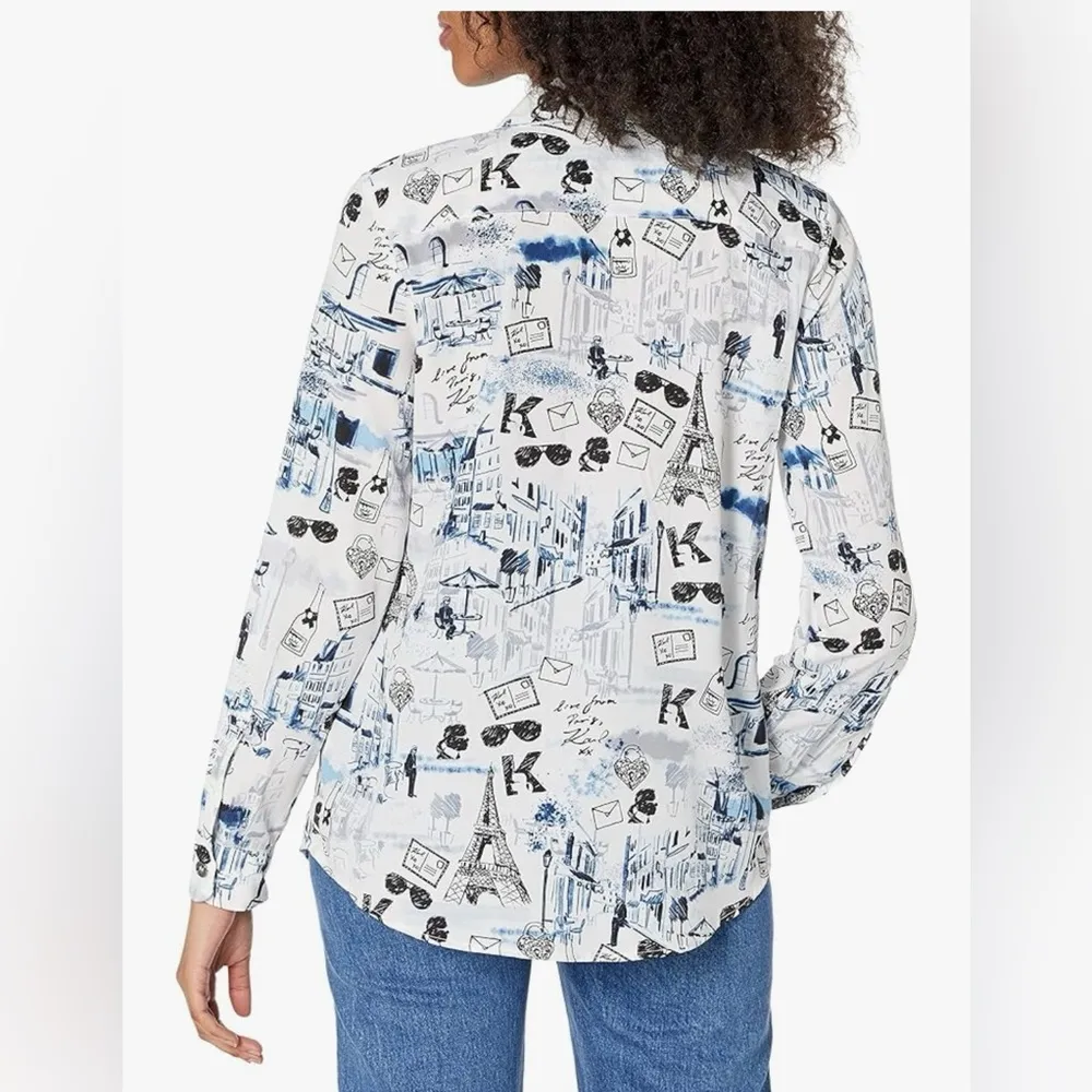 Karl Lagerfeld Paris Women's Long Sleeve Whimsical Blue and Black  Blouse size L - Image 3