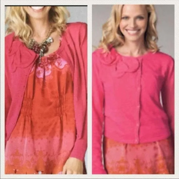 NWT CAbi Pink Swanky Sweater Ruched Bow Cardigan Cotton Cashmere Blend Sz Medium - Image 2