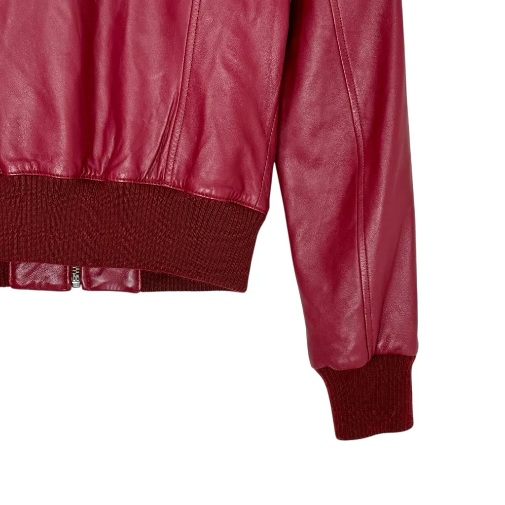 Vintage Y2K Guess 100% Leather Deep Red Burgundy Bomber Jacket Knit Trim Size XS - Image 8