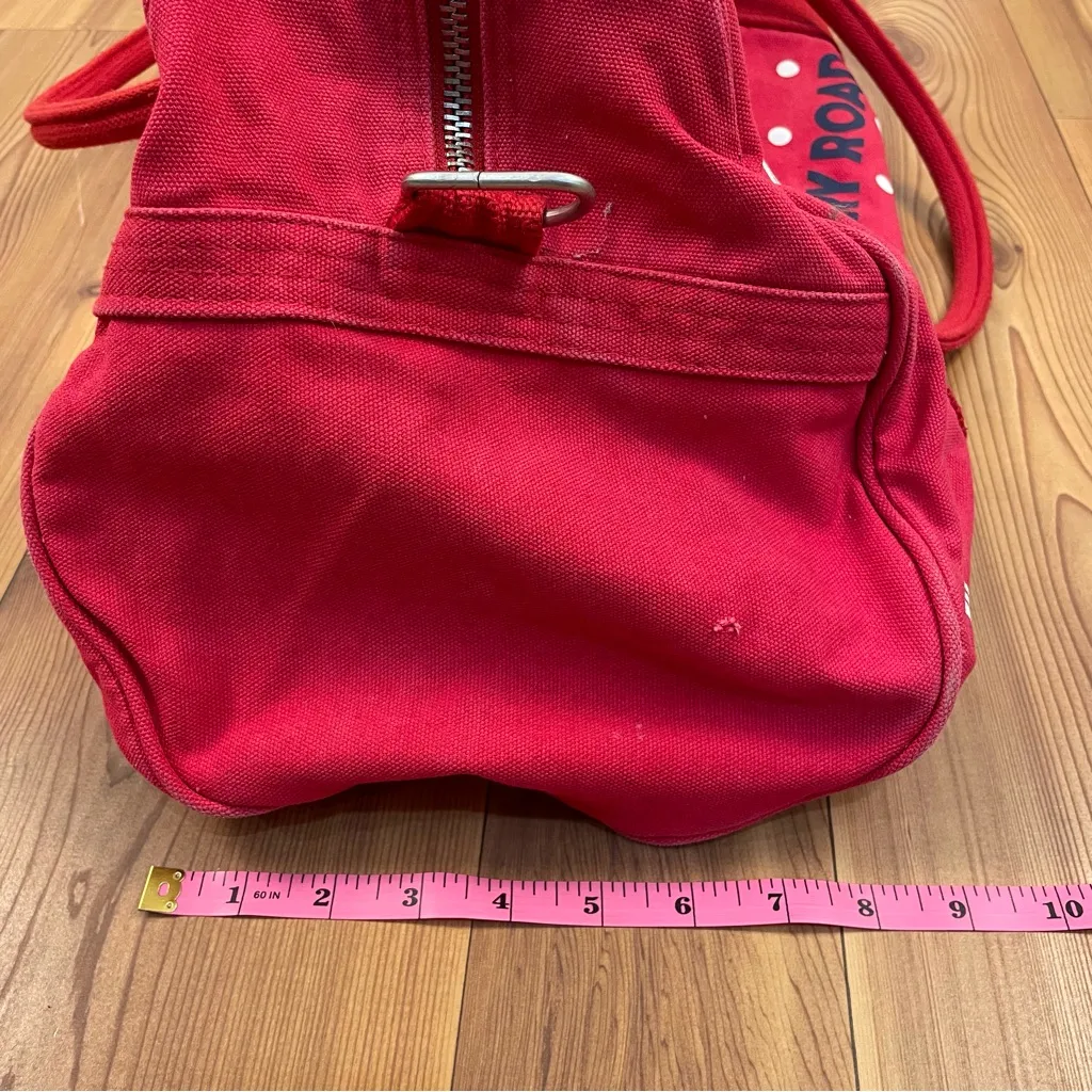 Country Road (AUS) Duffle Weekender Bag Zipper Tote Red Canvas White Polka Dot - Image 5