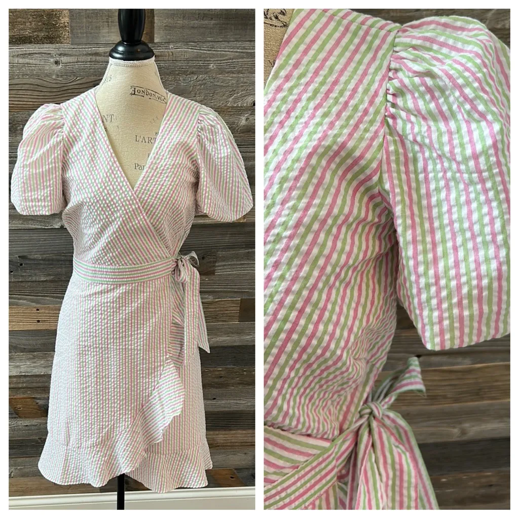 Draper James White Asymmetrical Stripe Ruffled Wrap Dress Size Medium - Image 2