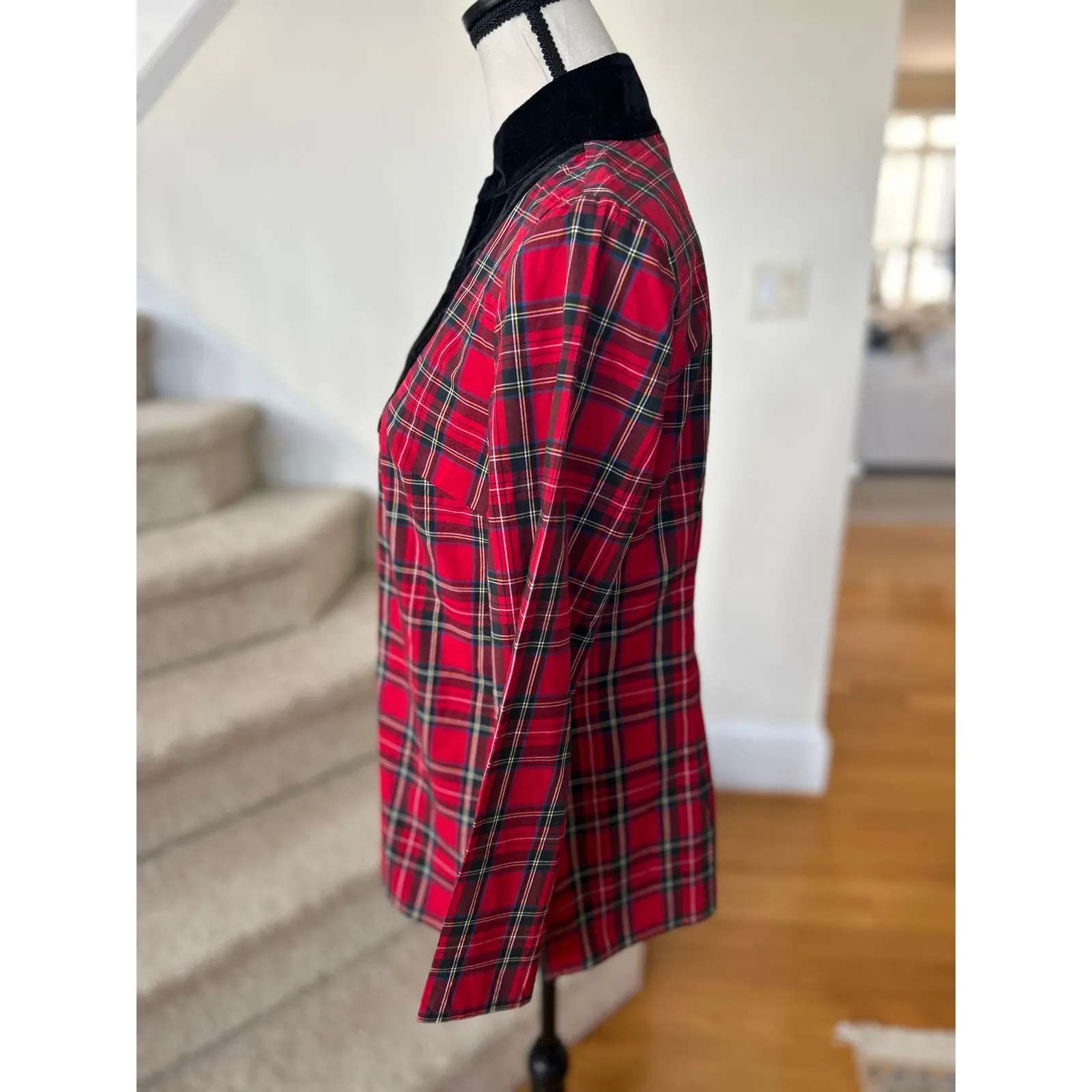 Sail to Sable Red Tartan Plaid & Velvet Collar Tunic Blouse Holiday Christmas - Image 2