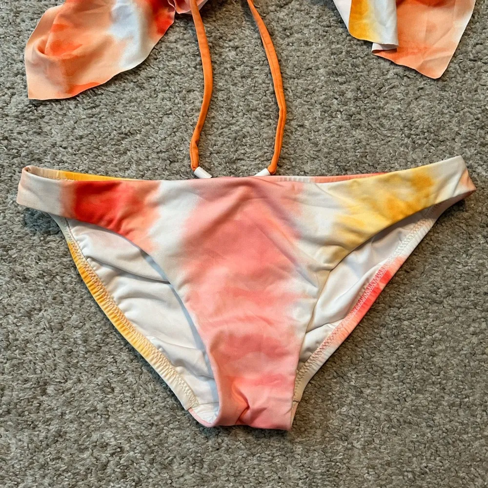 Sanctuary Anthropologie Tie Dye Ruffle Bikini Top Sz xS Sade Orange Pink bottoms - Image 3