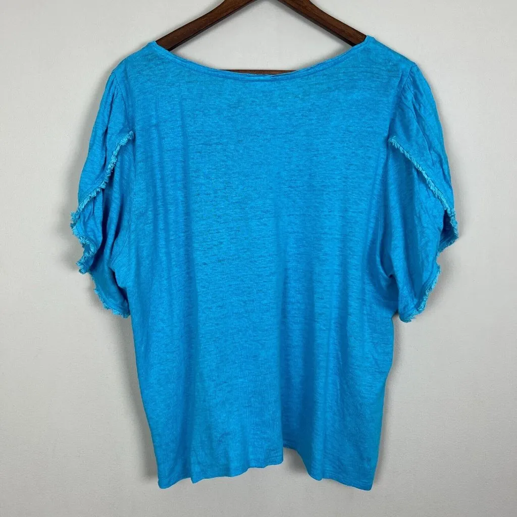 Chicos 3 Top Womens XL Blue Linen Flutter Short Sleeve Fringe‎ Solid Pullover - Image 6