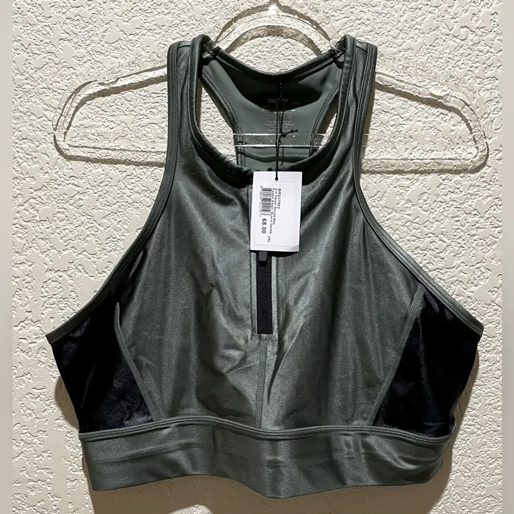 NWT Bandier Zip Front Racer Back Sport Bra Top Faded Army Black Shine Size 2XL - Image 2