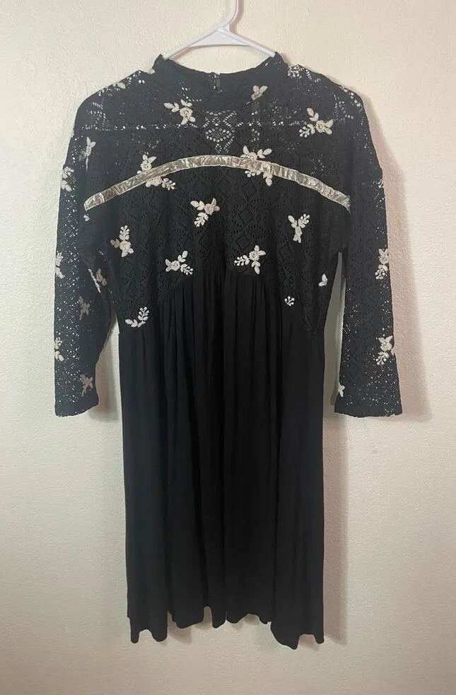 Uncle Frank Anthropologie Crochet Lace Embroidered Mock Neck Dress size S Black - Image 1