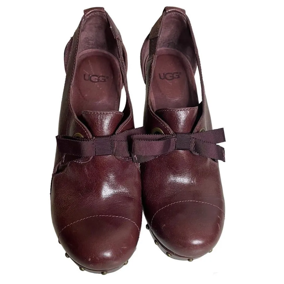 UGG Celestina Brown Shoes Leather Wood Studded Shearling Footbed Womens Size 6 - Image 3