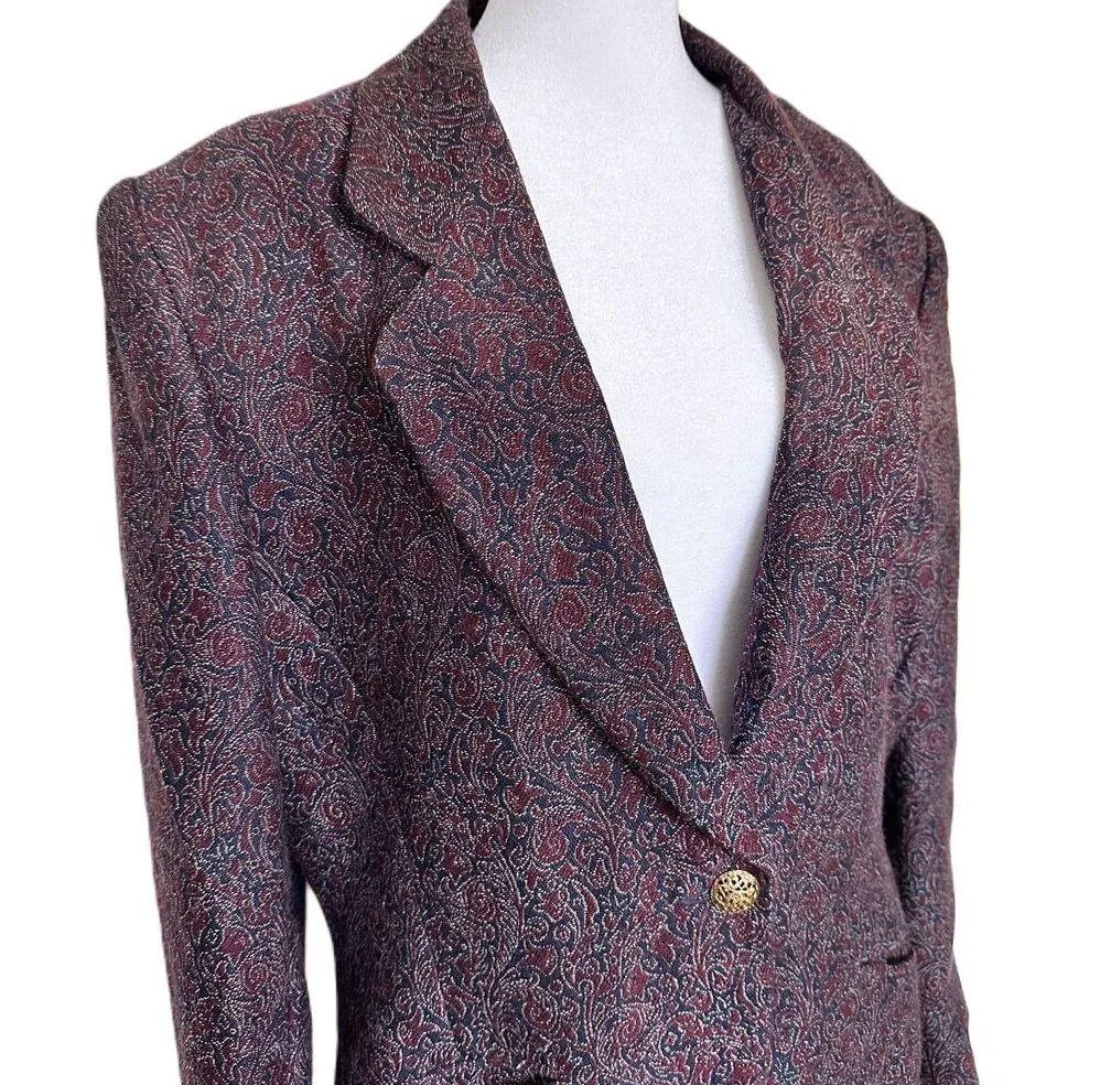 Vintage Paisley Blazer Size 12 Navy Red Wool Gold Statement Button Office - Image 4