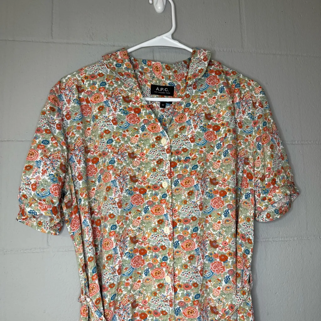 A.P.C Carmen Button Down Floral Printed Vintage Style Shirt Dress EU 42 US 10 Green - Image 5