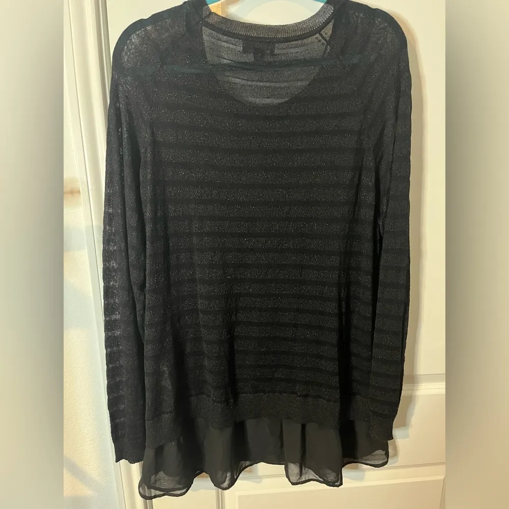 ANA A New Approach NWT Black Sheer Stripes Shimmer Ruffle Trim Knit Sweater Top - Image 4