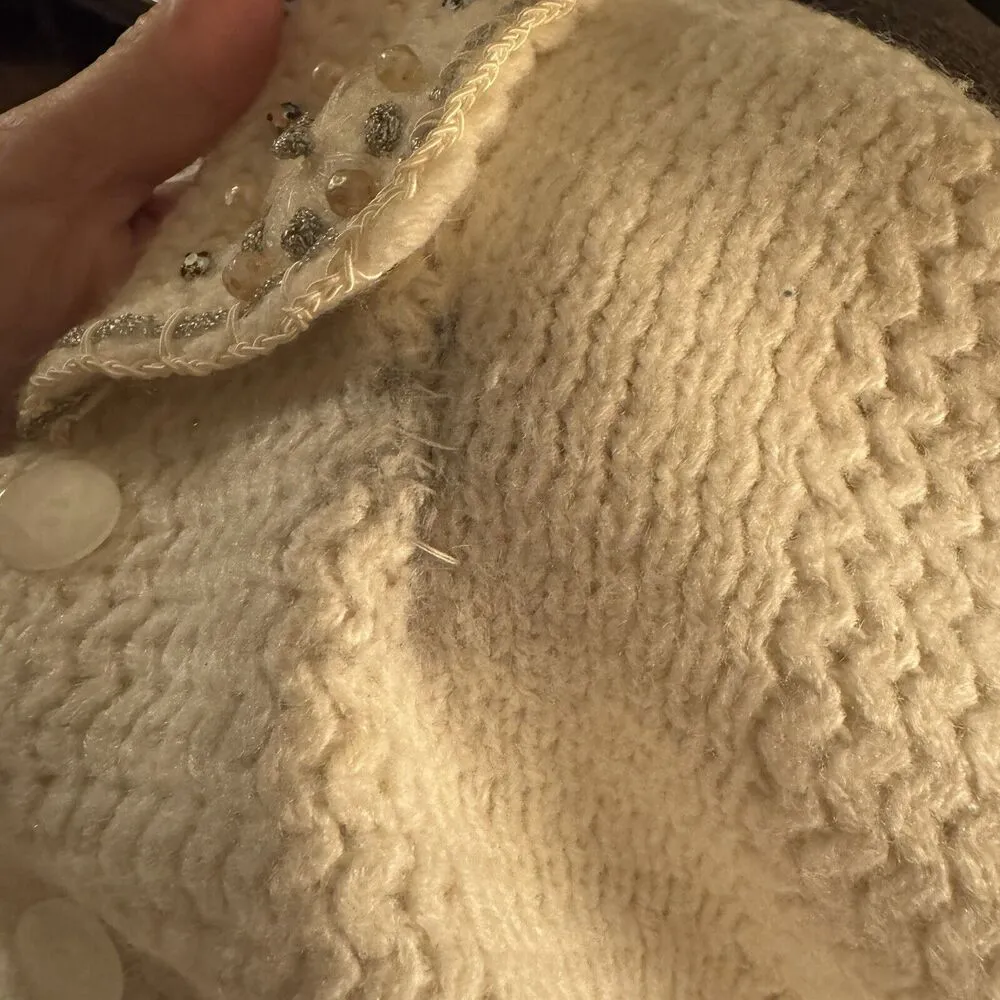 Vtg HELEN HARPER sweater luxura orlon MCM short sleeve beaded ivory 1960s M Size M - Image 4