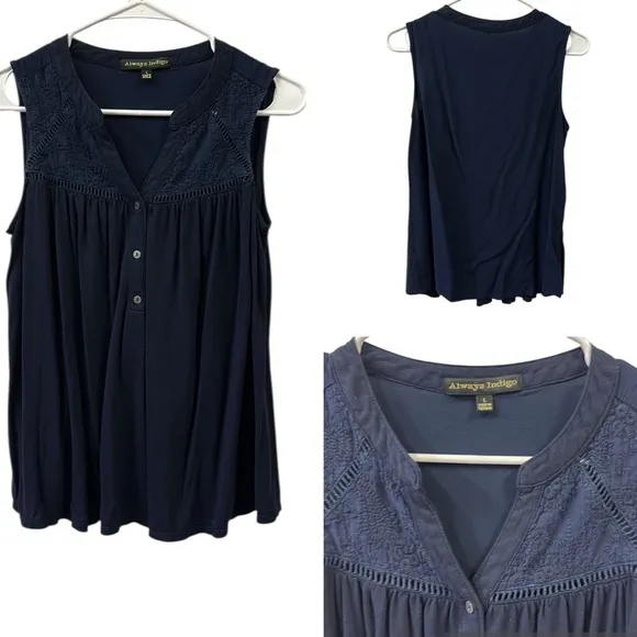 Always Indigo Navy Embroidery and Lattice Yoke Half Button Up Sleeveless Top L Blue Size L - Image 2