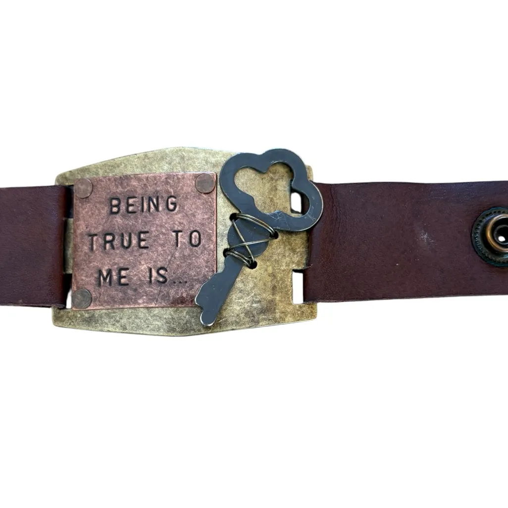 Brown Leather Bracelet with Gold Accents Being True To Me Is Key Plaque - Image 4