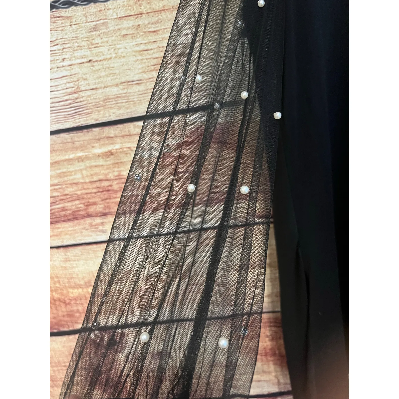 Black Midi Shift Dress PEARL Embellished Sheer Mesh Sleeves Cocktail Party XL - Image 3