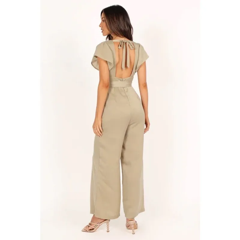 NWT Petal & Pup Minimalist Short Sleeve Bow Jumpsuit Size 6 Taupe Preppy Boho - Image 3