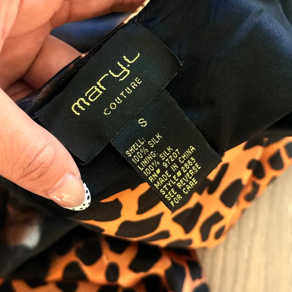 Mary L. Couture Silk Snake Leopard Halter Bead Embellished Asymmetric Mini Dress Brown - Image 5