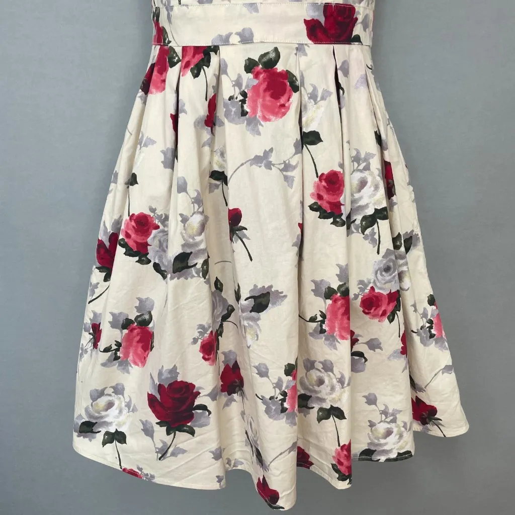 Hell Bunny Eloise Mini Dress Rose Print Cream‎ Bow Adjustable Straps Sz XS Retro - Image 6