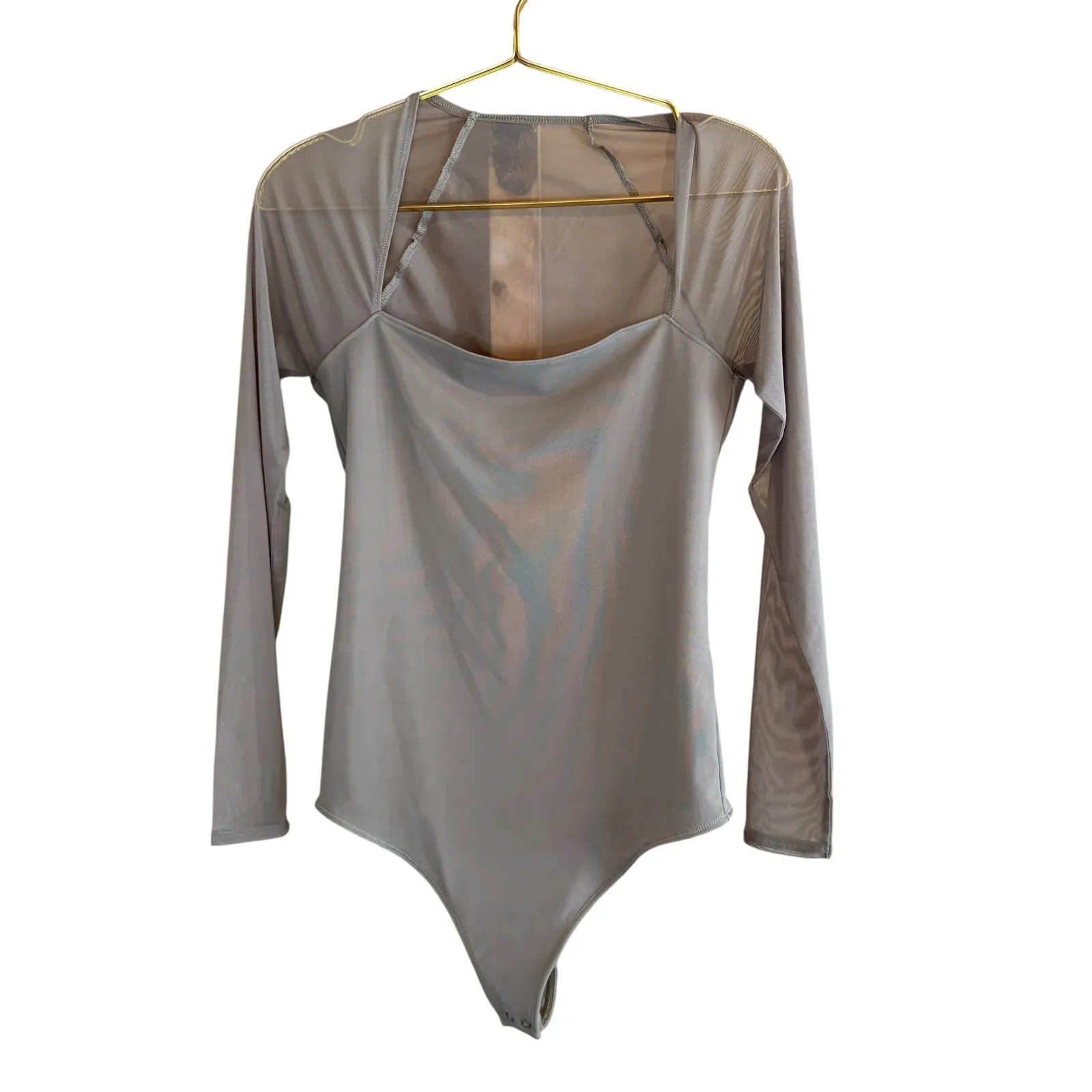 Abercrombie & Fitch Bodysuit Square Neck Sheer Long Sleeve Neutral Taupe Top Med - Image 2