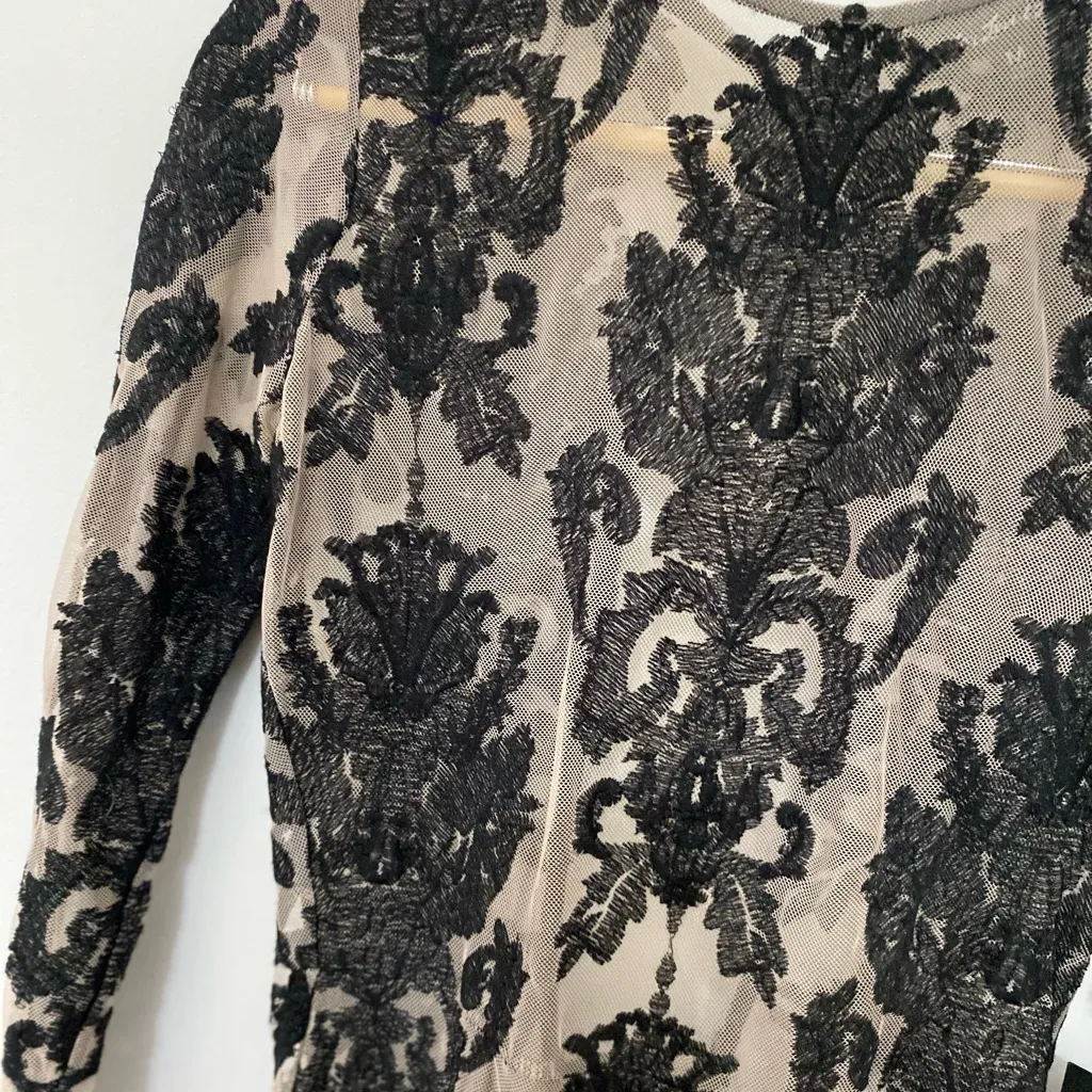 For Love & Lemons Women's M Black Sheer Floral Maxi Dress Open Back Long Sleeve - Image 4