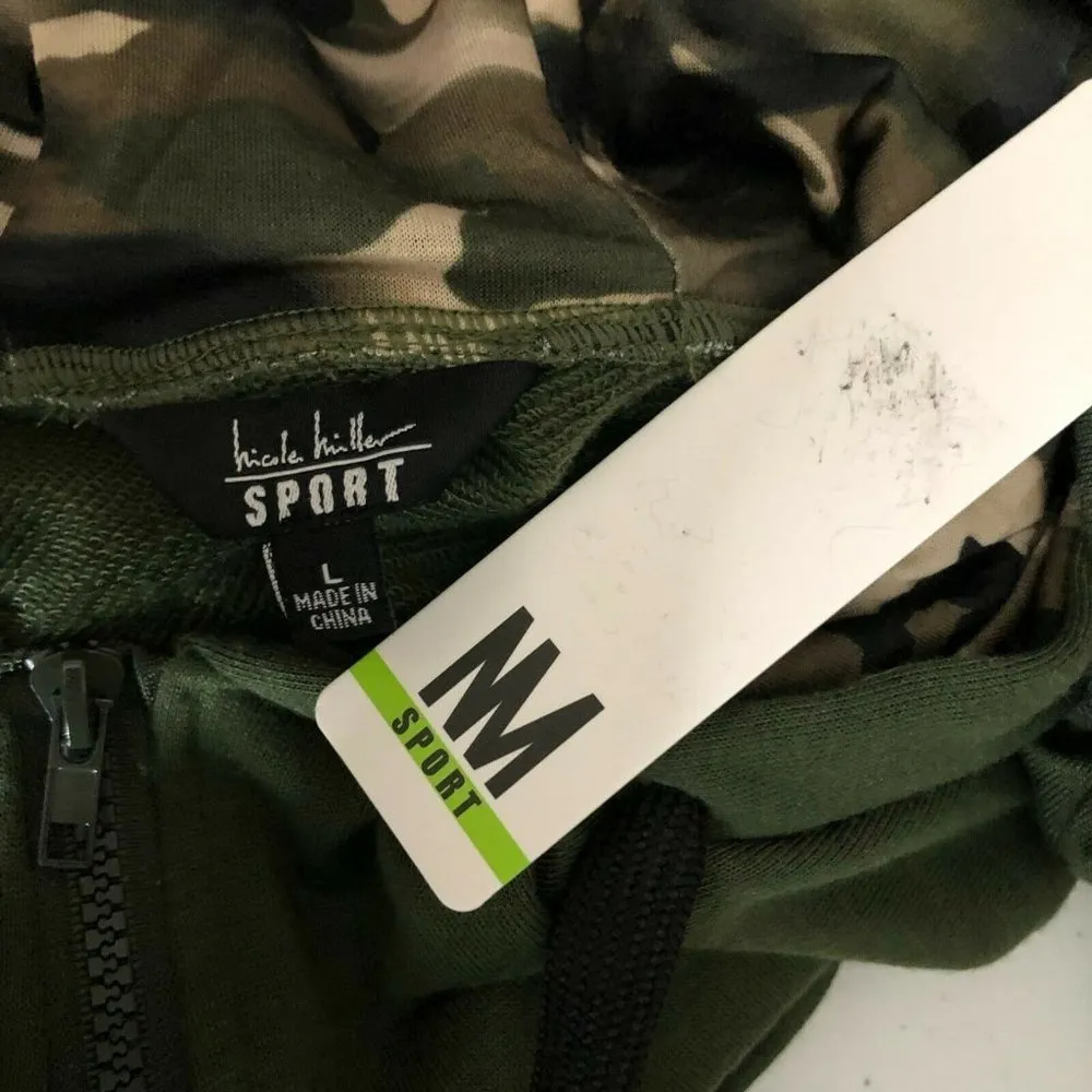 Nicole Miller Sport Womens Hoodie Full Zip Drawstring Camouflage Green Size L - Image 3