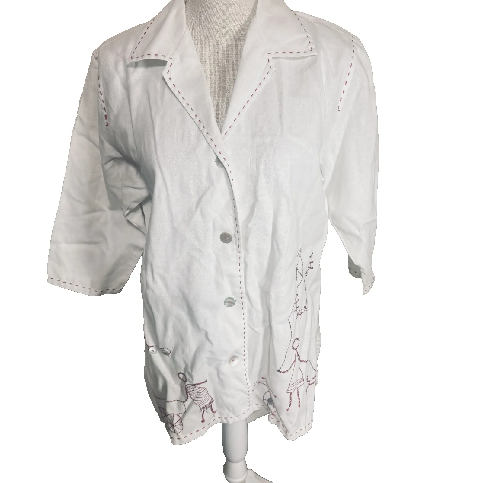 Vintage White Artsy Embroidered Shirt artist playful whimsy red stitch children Size M - Image 3