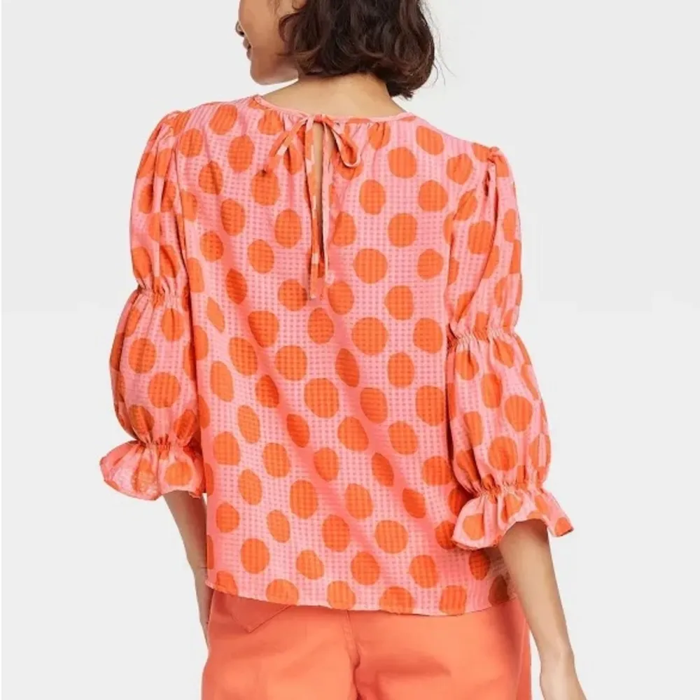 Who What Wear Orange Puff Sleeve Ruffled Polka Dot Blouse - Image 2