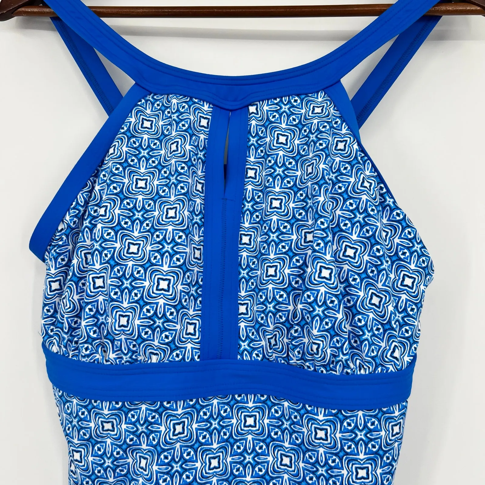Lands' End Keyhole High Neck Modest Tankini Top Fresh Boreal Blue/Tile sz 10 DDD - Image 6