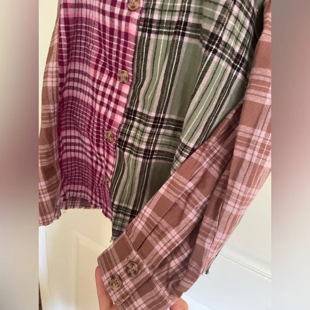 BP. Patchwork Pink Green Plaid Flannel Shirt - Image 4