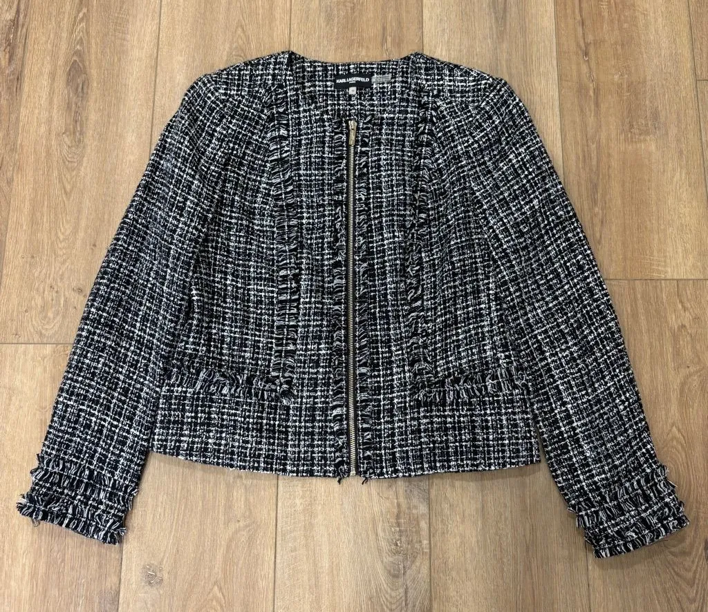 🌟KARL LAGERFELD🌟 COLLARLESS ZIP FRONT TWEED BOUCLE JACKET BLACK / WHITE SZ 10 - Image 1