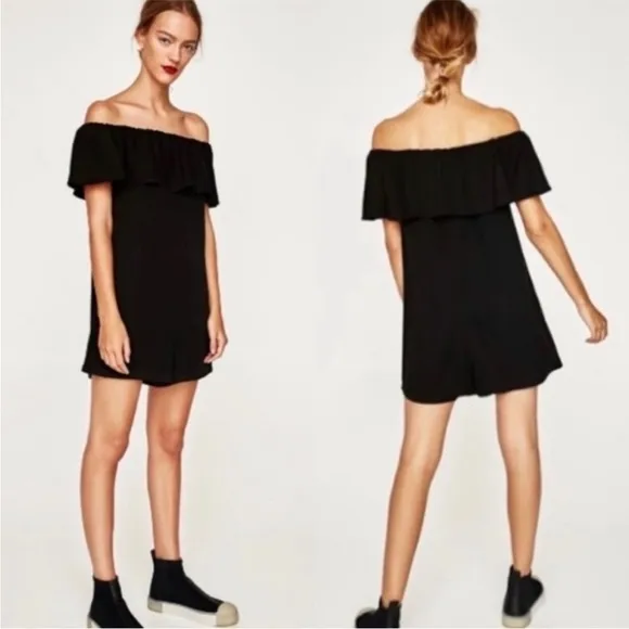 ZARA Off The Shoulder Ruffle Bardot Black Romper S - Image 2