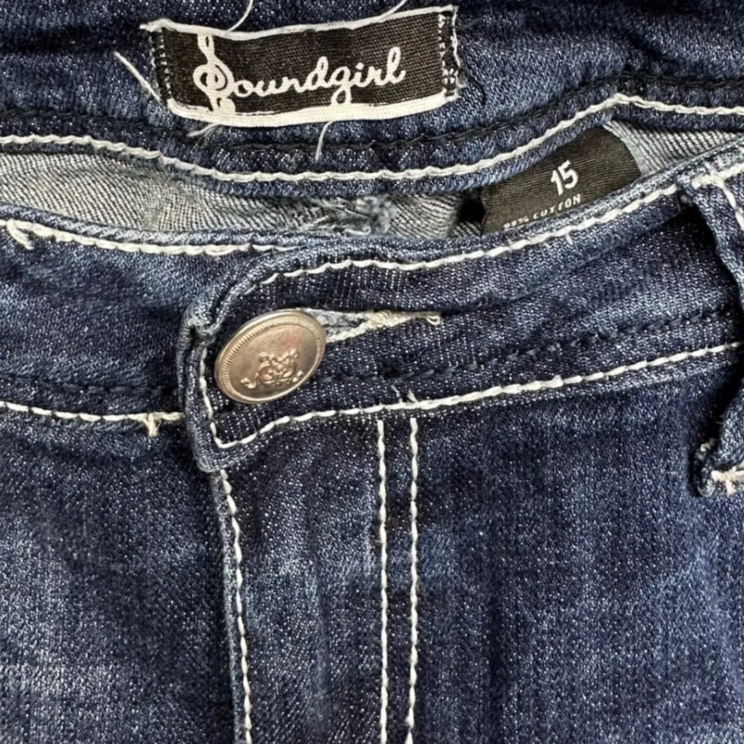 Soundgirl Womens Jeans Size 15 Bootcut Distressed Embellished Pockets Blue Denim - Image 3