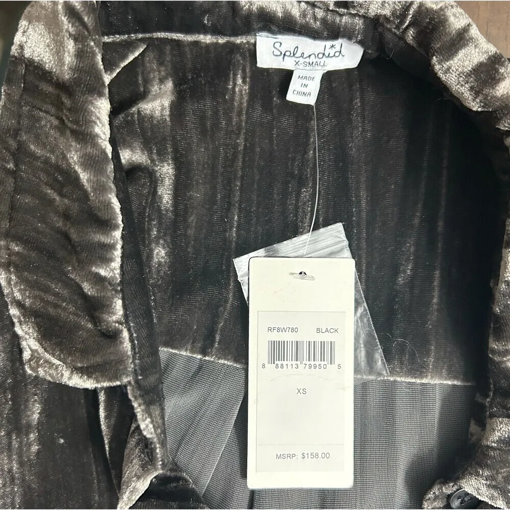 New Splendid XS Black Velvet Button Down Shirt Long Sleeve Pockets Gothic Luxe - Image 7