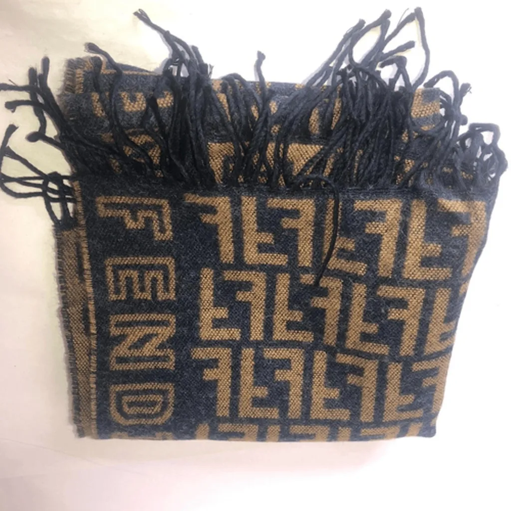 FENDI Navy Blue Tan Wool Silk Scarf with Decorative Tassels - Image 10