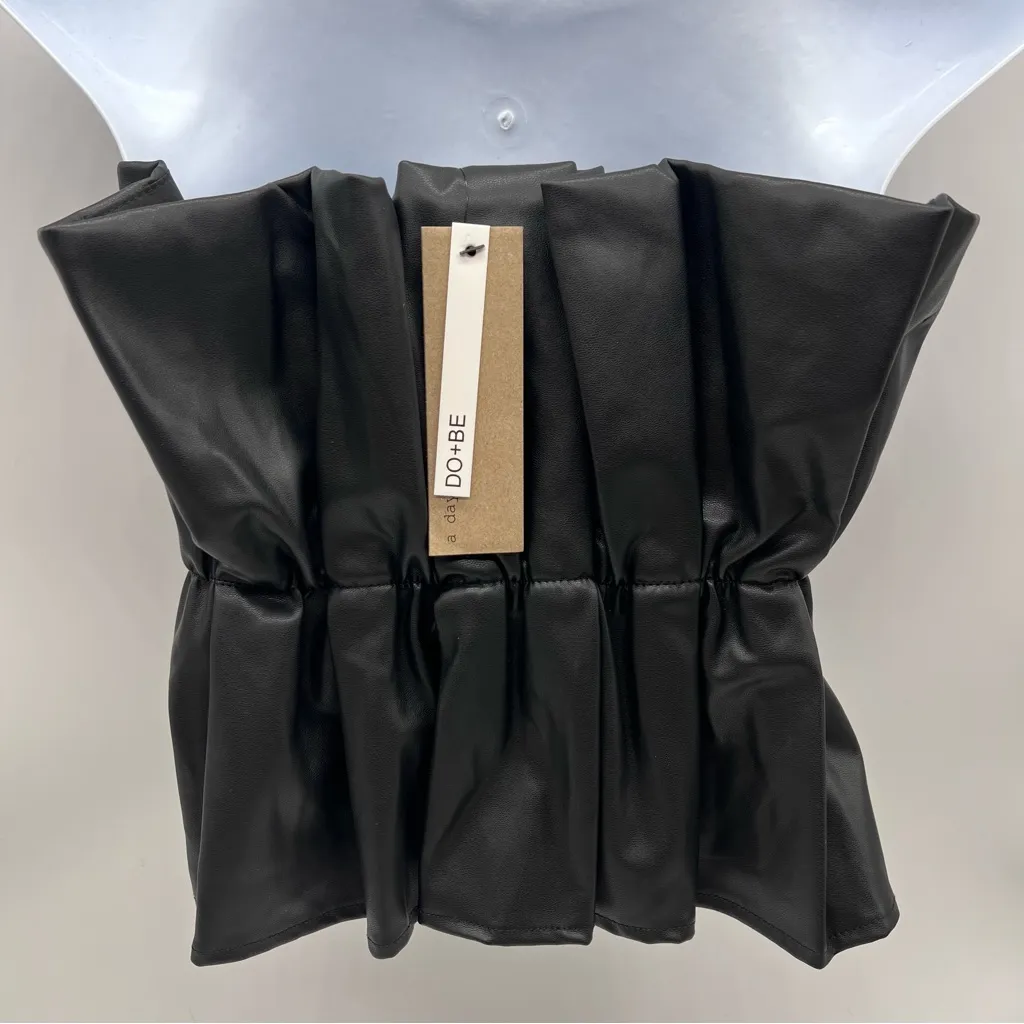 Do+Be Black Strapless Pleated Vegan Leather Strapless Top-Size S NWT - Image 6