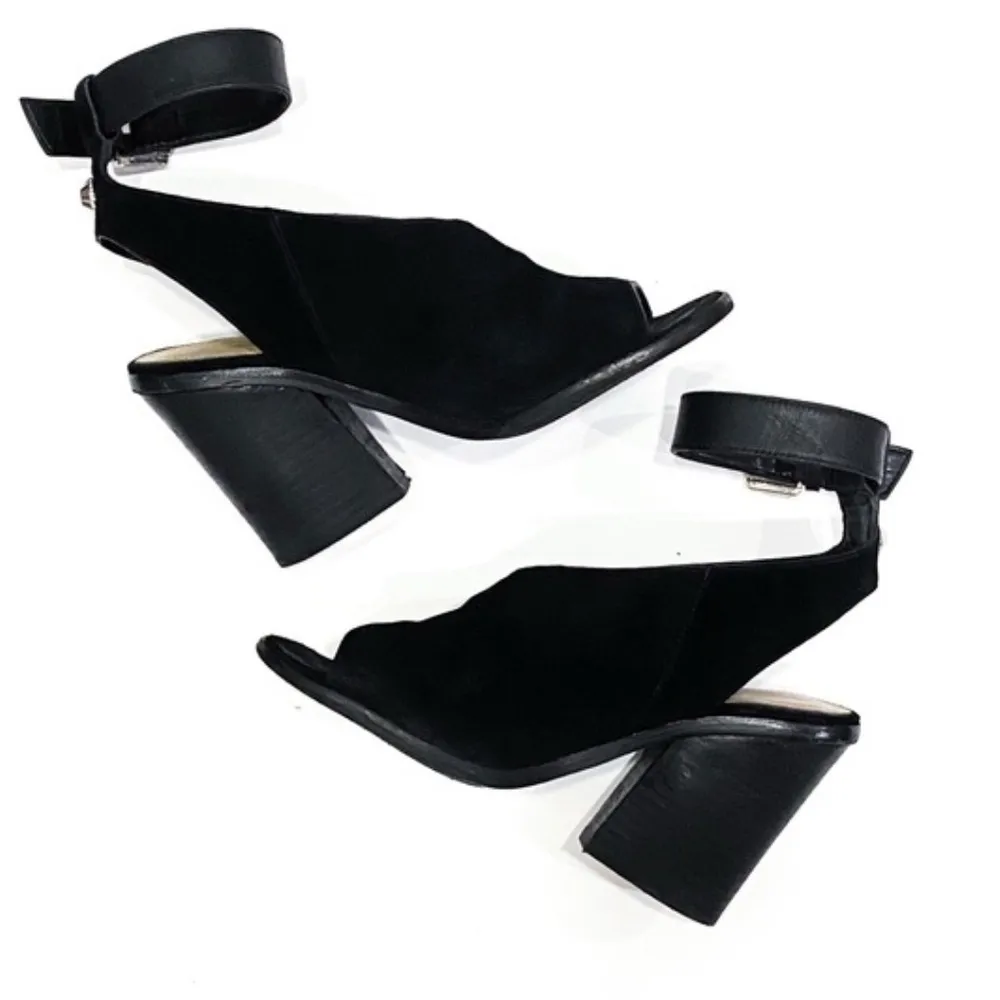 Marc Fisher Black Suede Wedge Chunky Heel Sandal Booties Ankle Strap 8.5 - Image 3