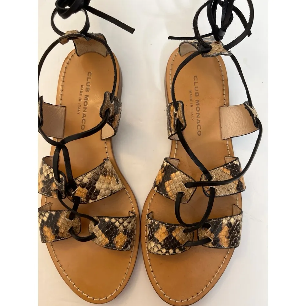 Club Monaco Thiais Tan Black Snakeskin Leather Lace Tie  Sandals Sz 8 Wo… - Image 7