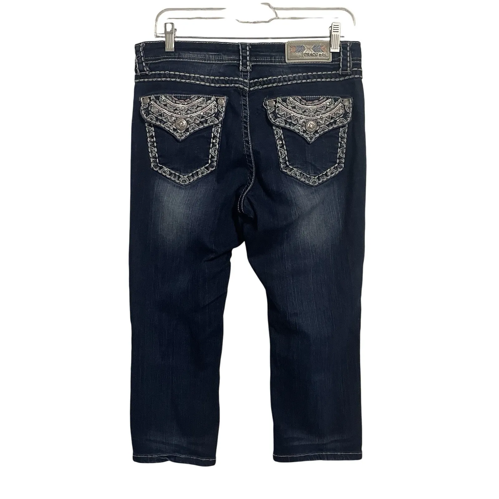 Grace Jeans Women Size 29 Embellished Pocket Bootcut Dark Wash Denim Blue - Image 7