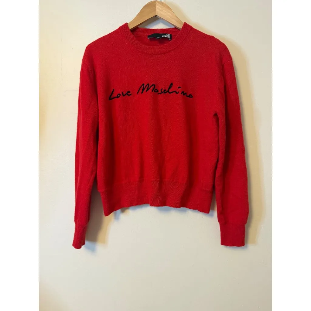 Love Moschino Red Knit Pullover Sweater With Logo Crewneck Long Sleeve S/M - Image 2