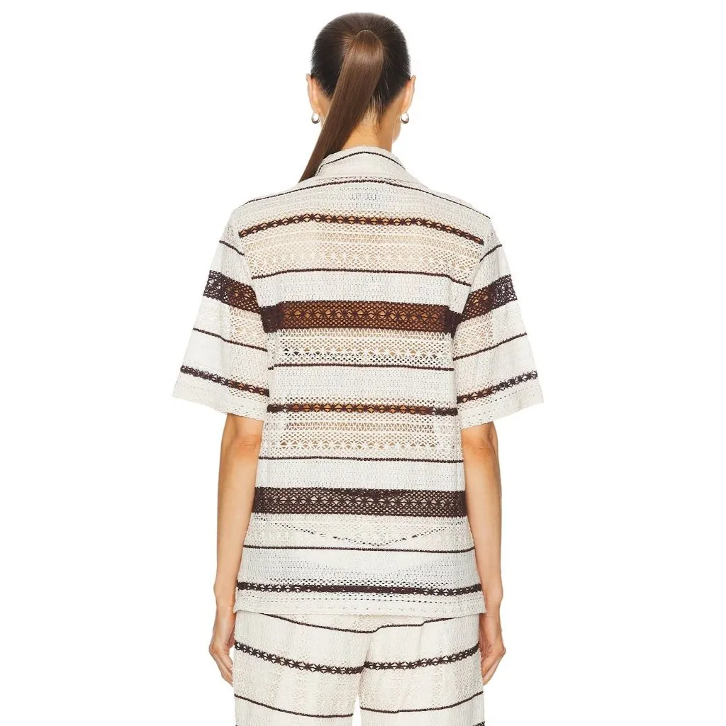 WAO Crochet Stripe Camp Shirt in Natural & Brown Medium New Womens Top - Image 2