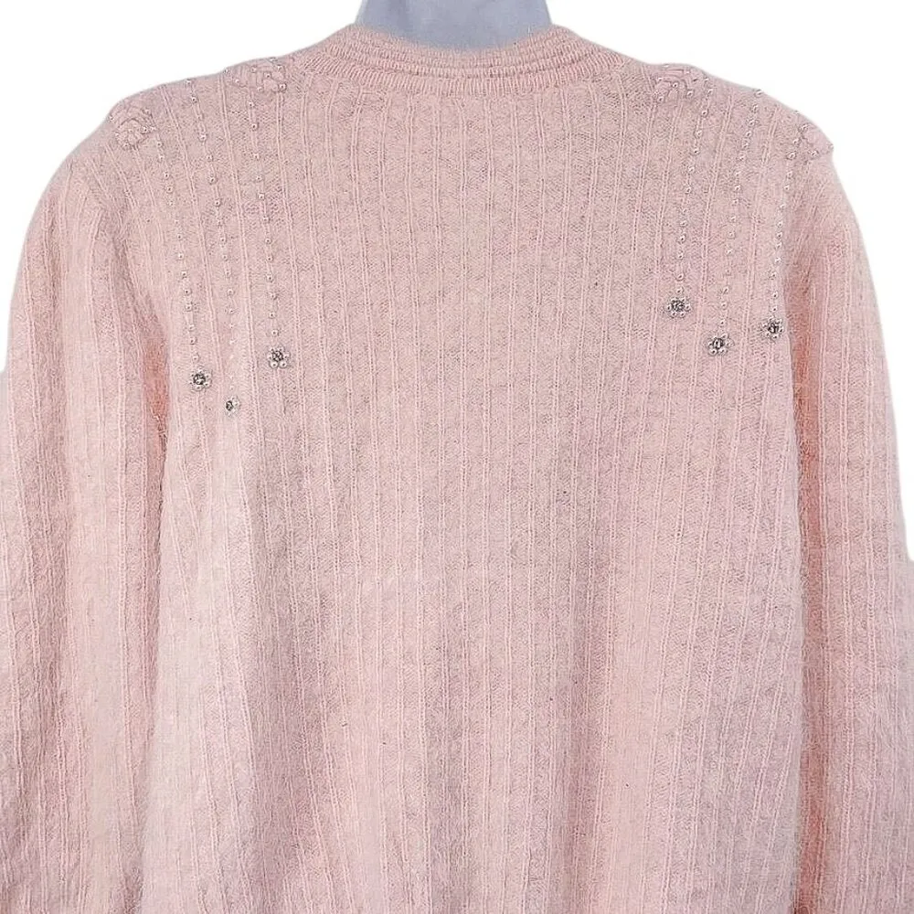 Vintage Cashmere Pearl Rhinestone Embellished Fur Cardigan Sweater Knit Top Pink Size L - Image 6