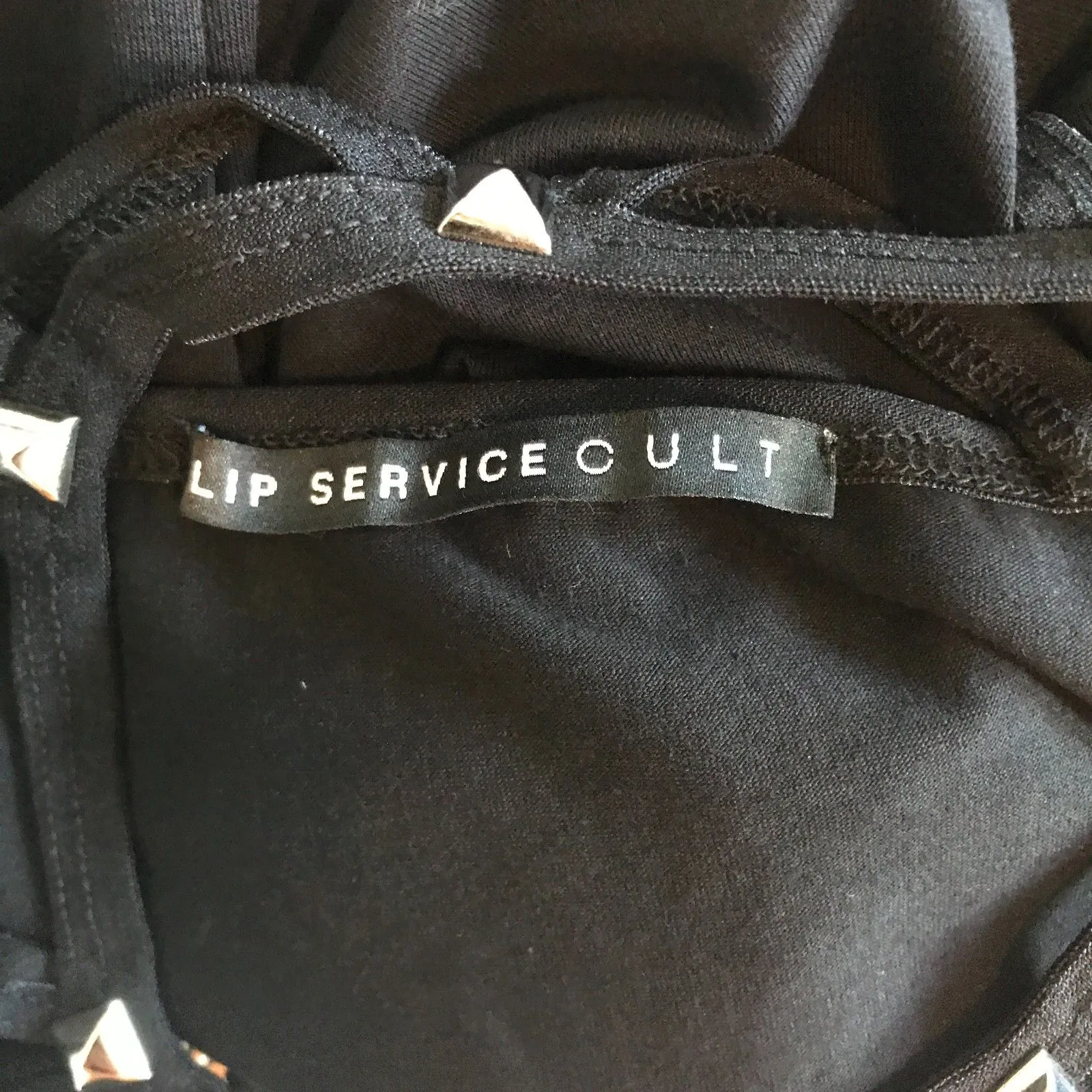 Vintage Lip Service Goth Punk Wicca Bodycon Studded Lattice Neck Mini Dress L - Image 5