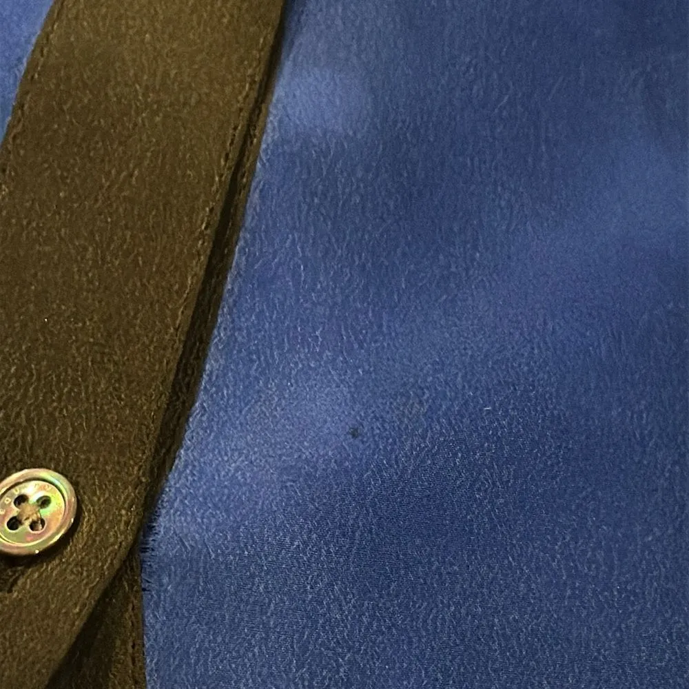 Equipment Women’s Royal Blue with Black Trim Collarless Silk Button Down Blouse - Image 8