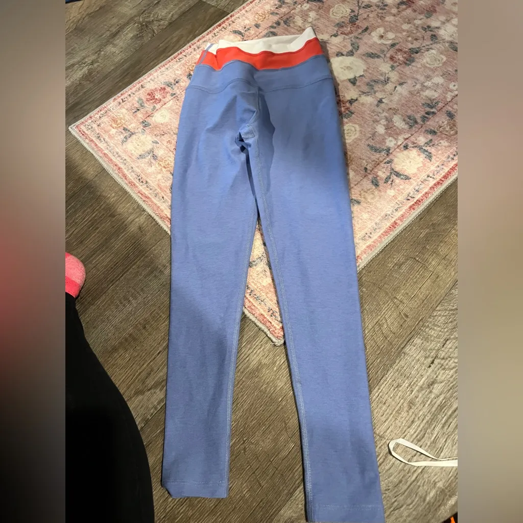 Beyond yoga Blue Leggings with Red and White Waistband - Image 2