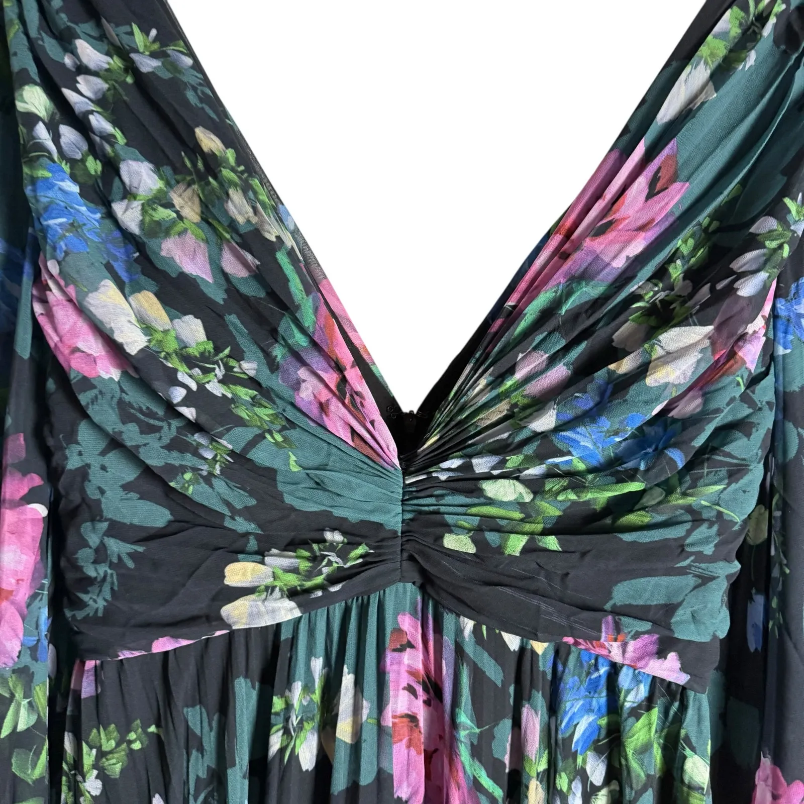 Badgley Mischka Black Floral Print Long Sleeve V-Neck Pleated Chiffon Gown 12 - Image 8